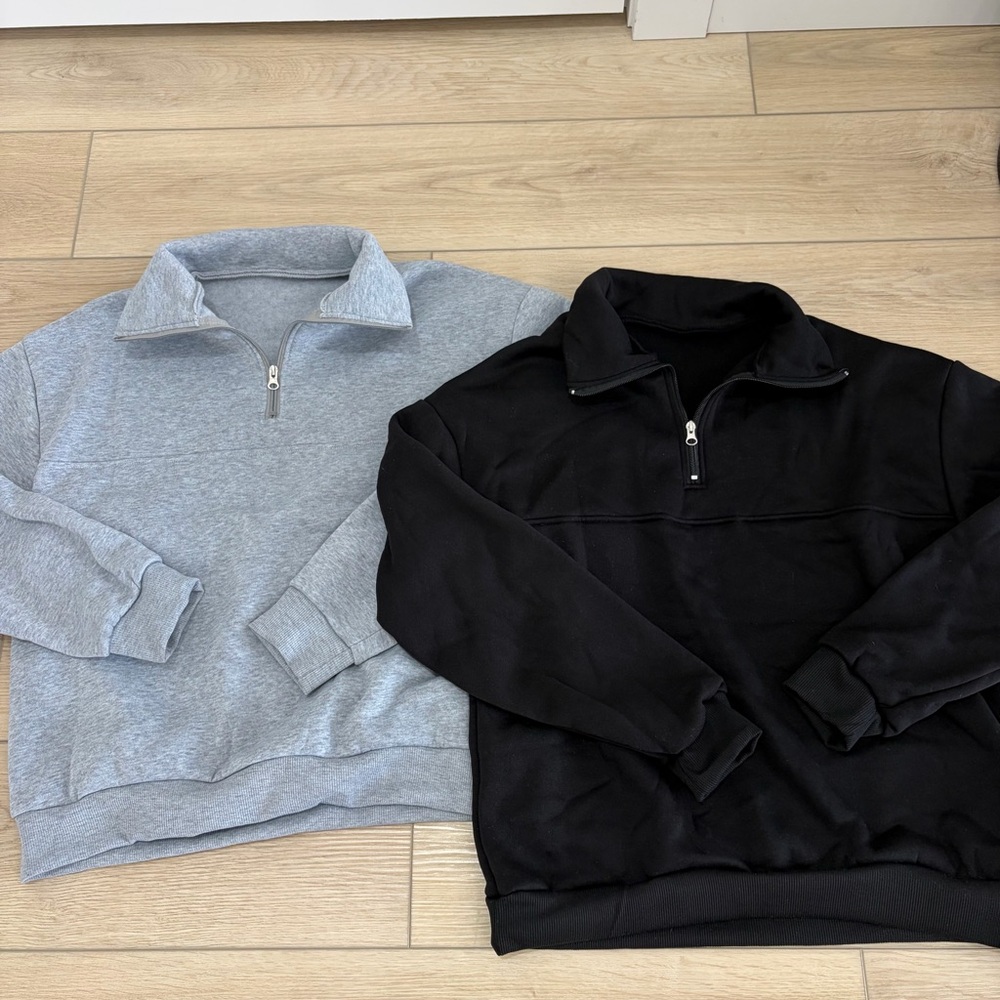 Set of 2 Half-Zip Cozy Comfy Casual Sweatshirts in Gray & Black. Size Large